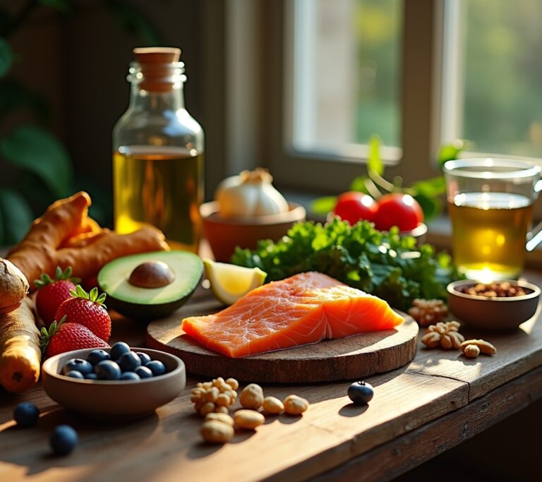 Colorful bowl of berries, leafy greens, and salmon