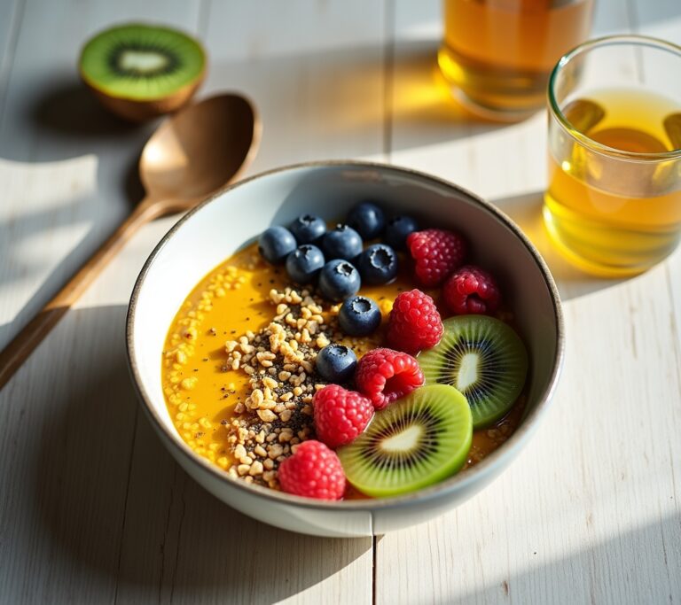 Smoothie bowl topped with berries and seeds