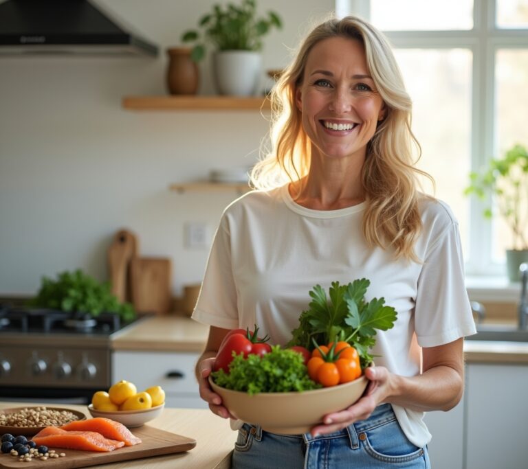 Woman over 50 preparing healthy salad