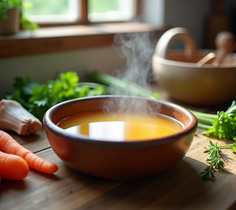 Steaming bone broth in rustic ceramic bowl