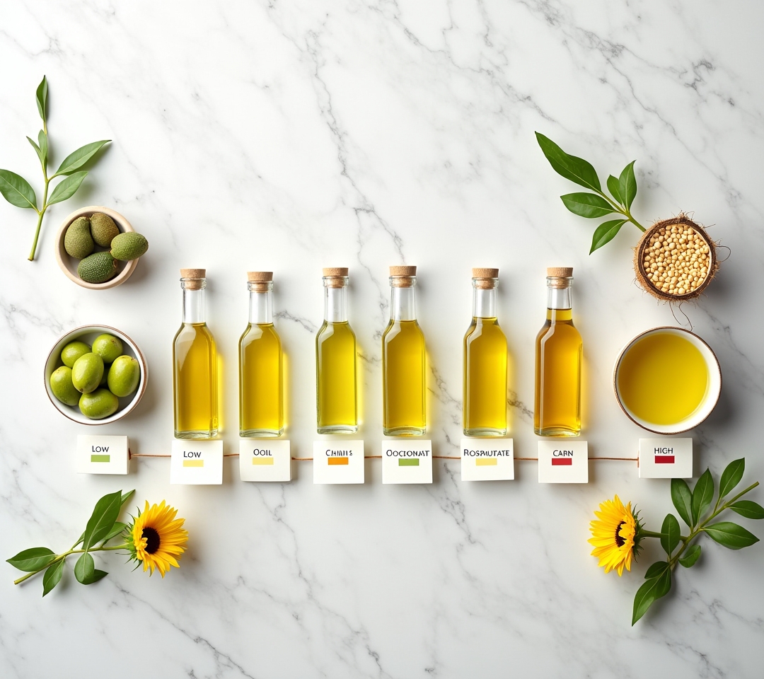 Row of cooking oils in glass bottles