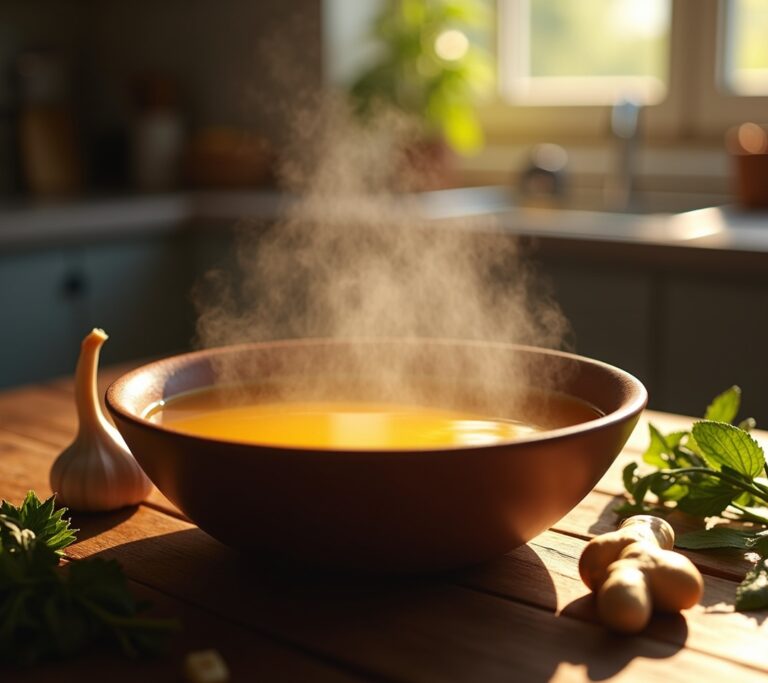 Steaming bone broth in multiple ceramic mugs