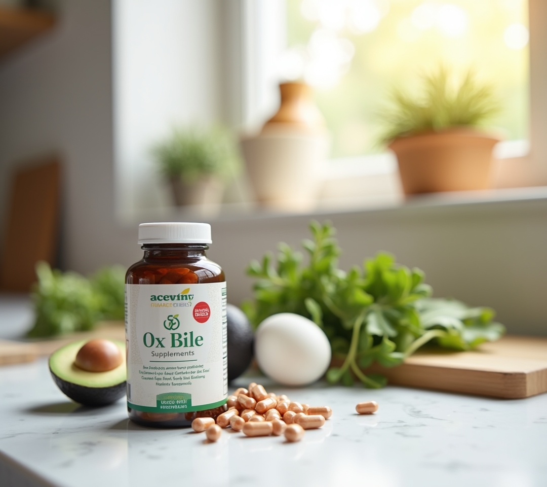 Ox bile supplement capsules on ceramic dish