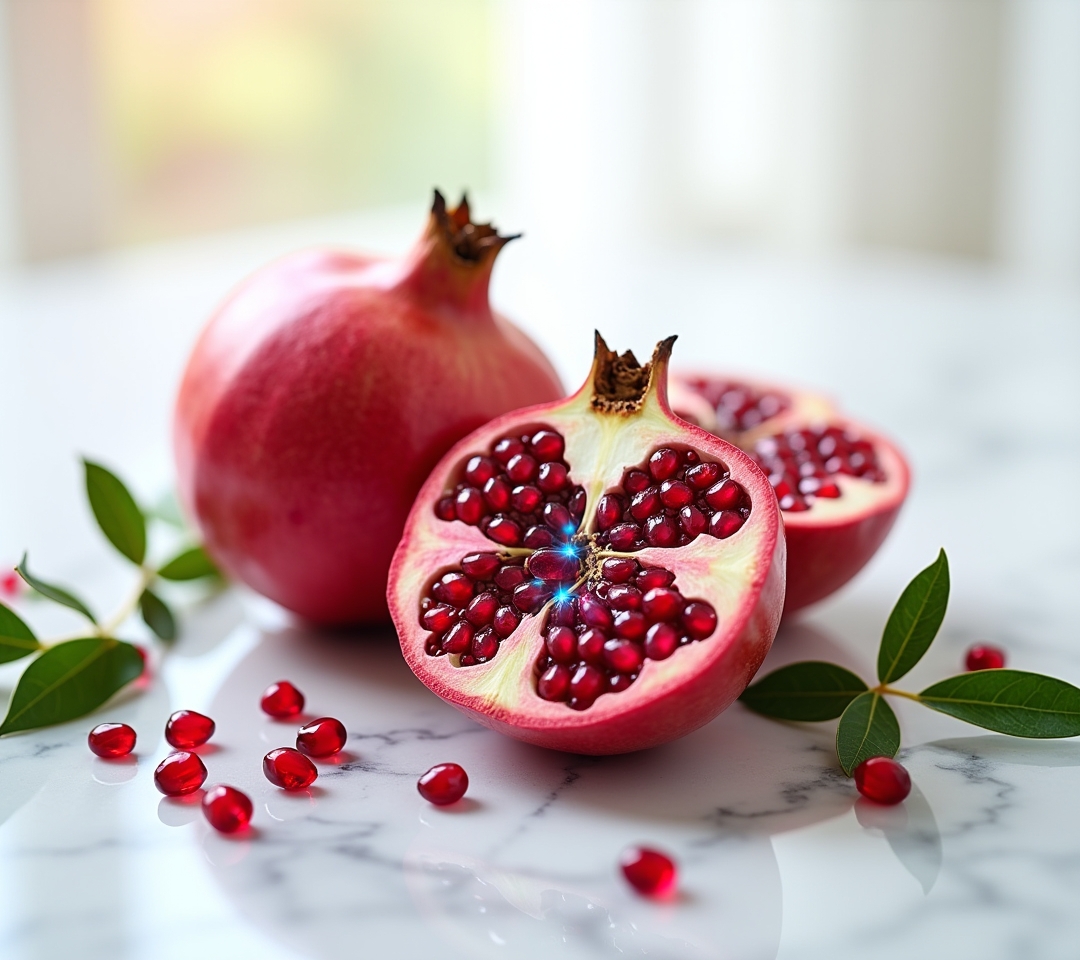 Split pomegranate showing seeds on dark surface