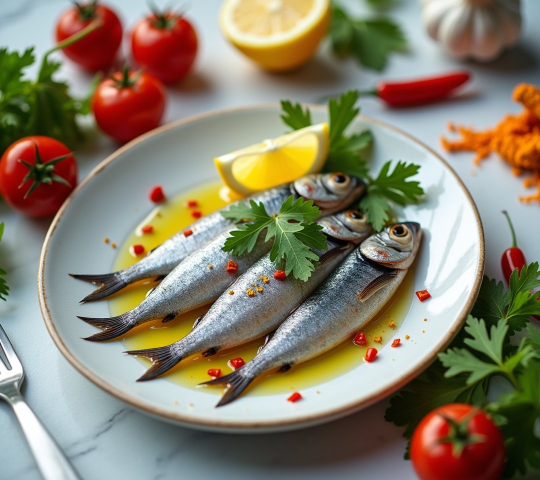 Tin of sardines on rustic wood with lemon